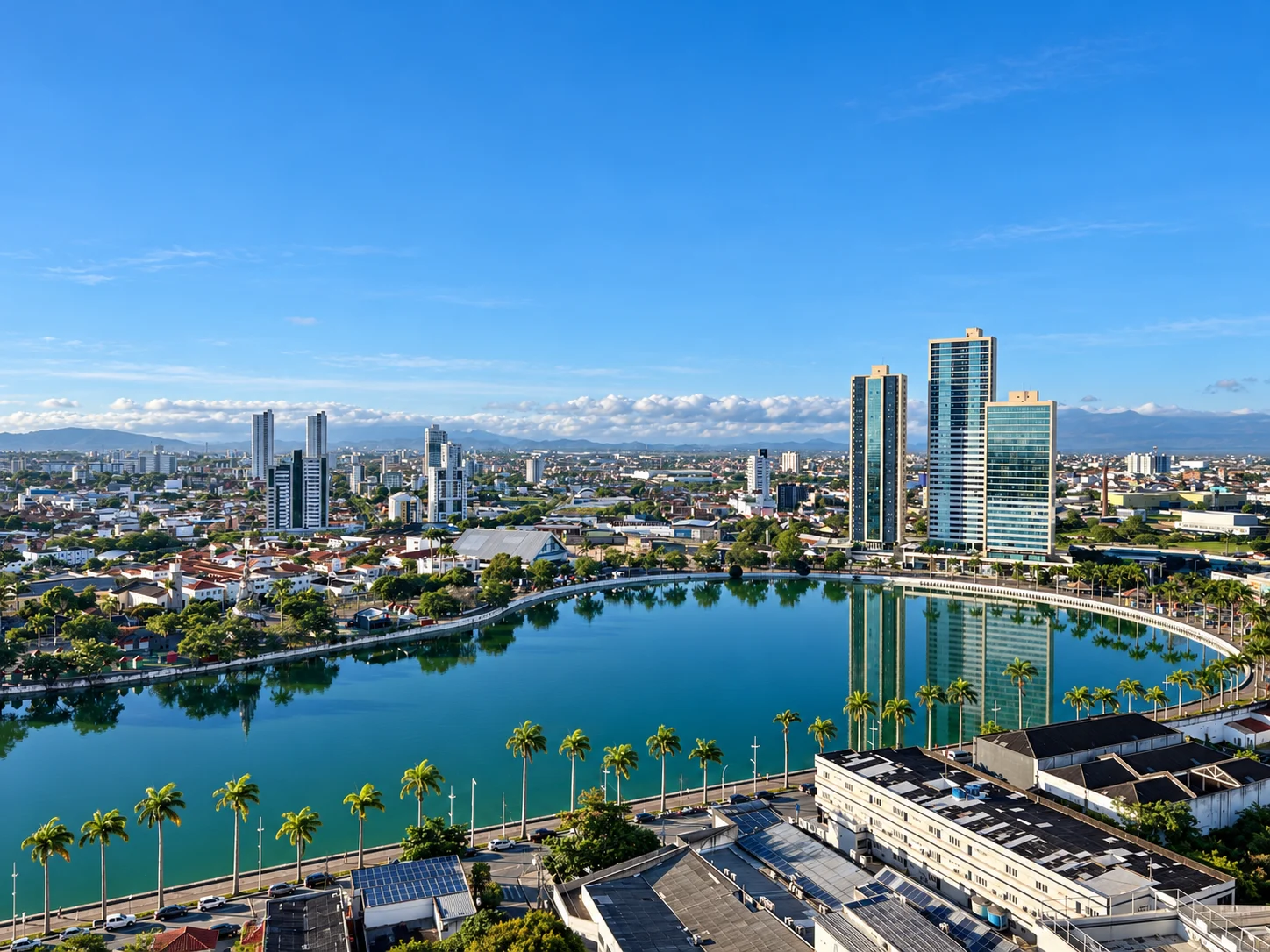 Vista urbana com lagoa, palmeiras e edifícios refletidos na água